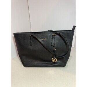 Michael Kors Jet Set Travel Large Black Saffiano Leather Tote Bag MK Charm